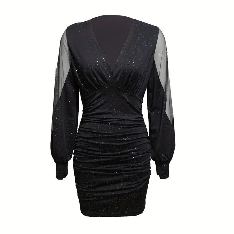 Women's Sexy Deep V-Neck Ruched Bodycon Mesh Long Sleeve Sparkling Party Cocktail Dresses