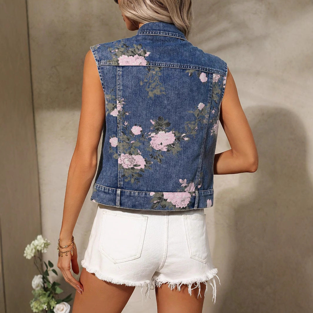 Women's Flower Print Denim Vest Summer Casual