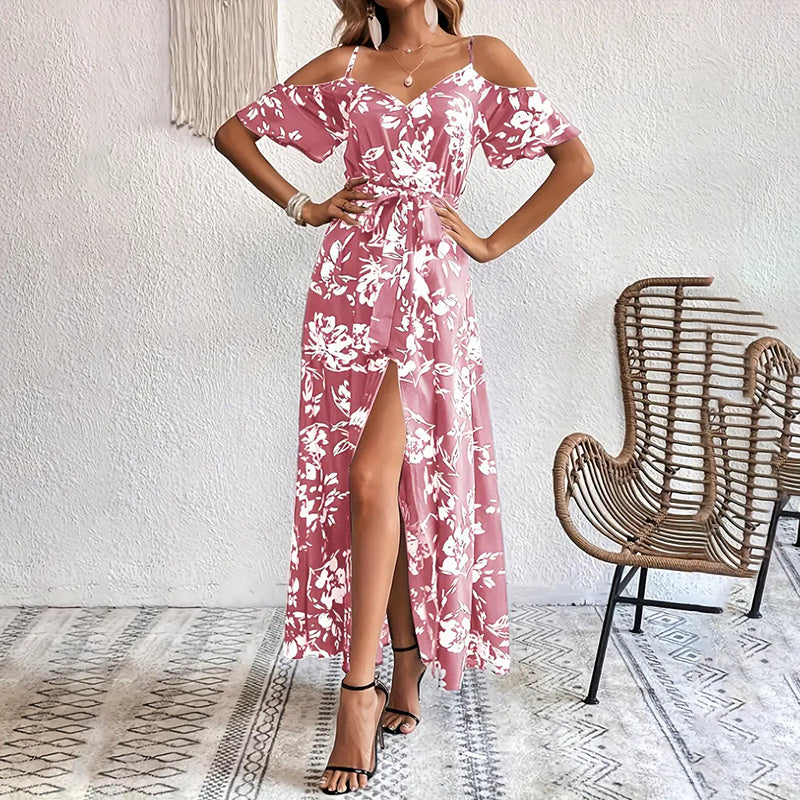 Women's Floral Maxi Dress Cold Shoulder Split Belted A Line Long Summer Dress