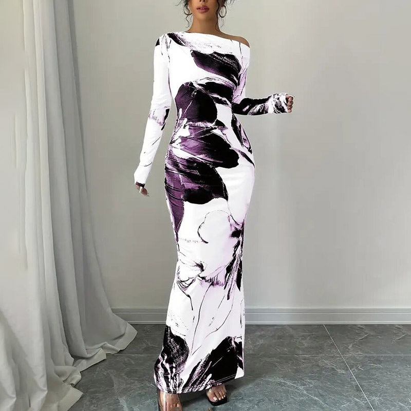 Women's Elegant Off-Shoulder Tie-Dye Floral Bodycon Dress Stretchy Season Party & Casual Dress