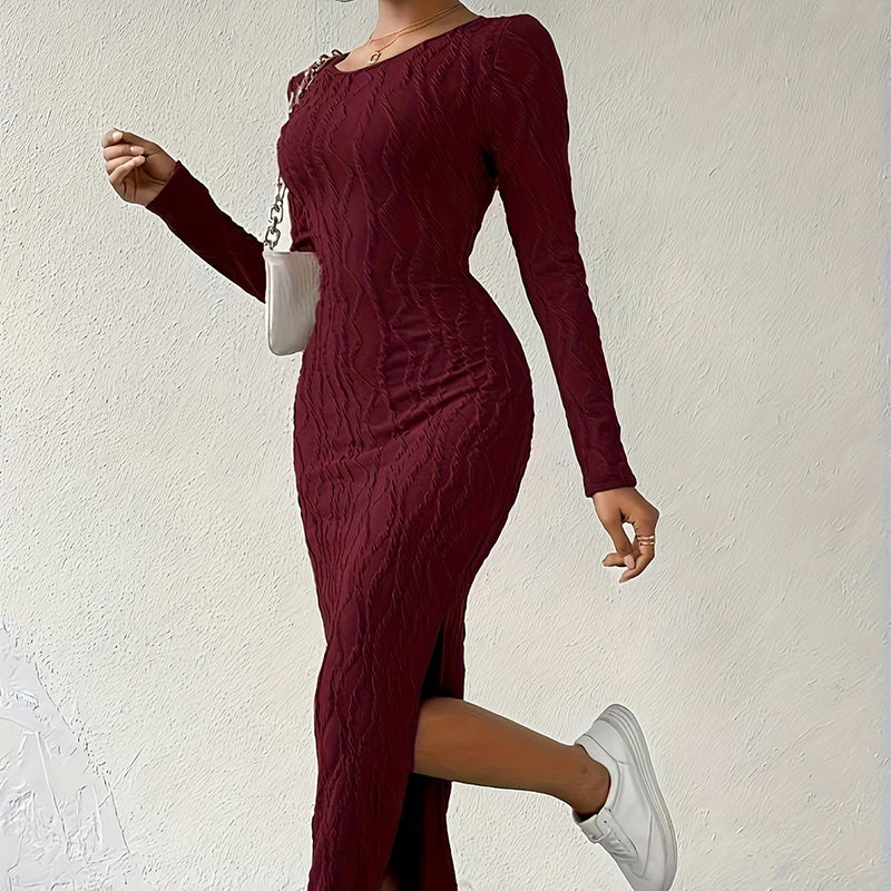 Women's Crew Neck Long Sleeve Ribbed Dress Side Slit Knit Bodycon Midi Dress
