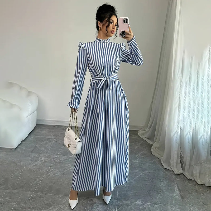 Women's Floral Print Long Sleeve Maxi Dress - Stand Collar A-Line Dress With Waist Detail, Lantern Sleeves & Ruffle Hem For Spring&Fall