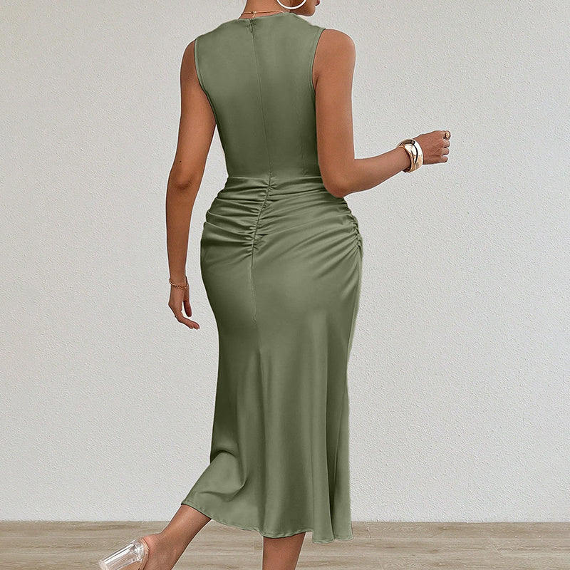 Women's Summer Sleeveless Tank Dress Crew Neck Slim Fit Ruched Bodycon Dress Casual Party Club Dress