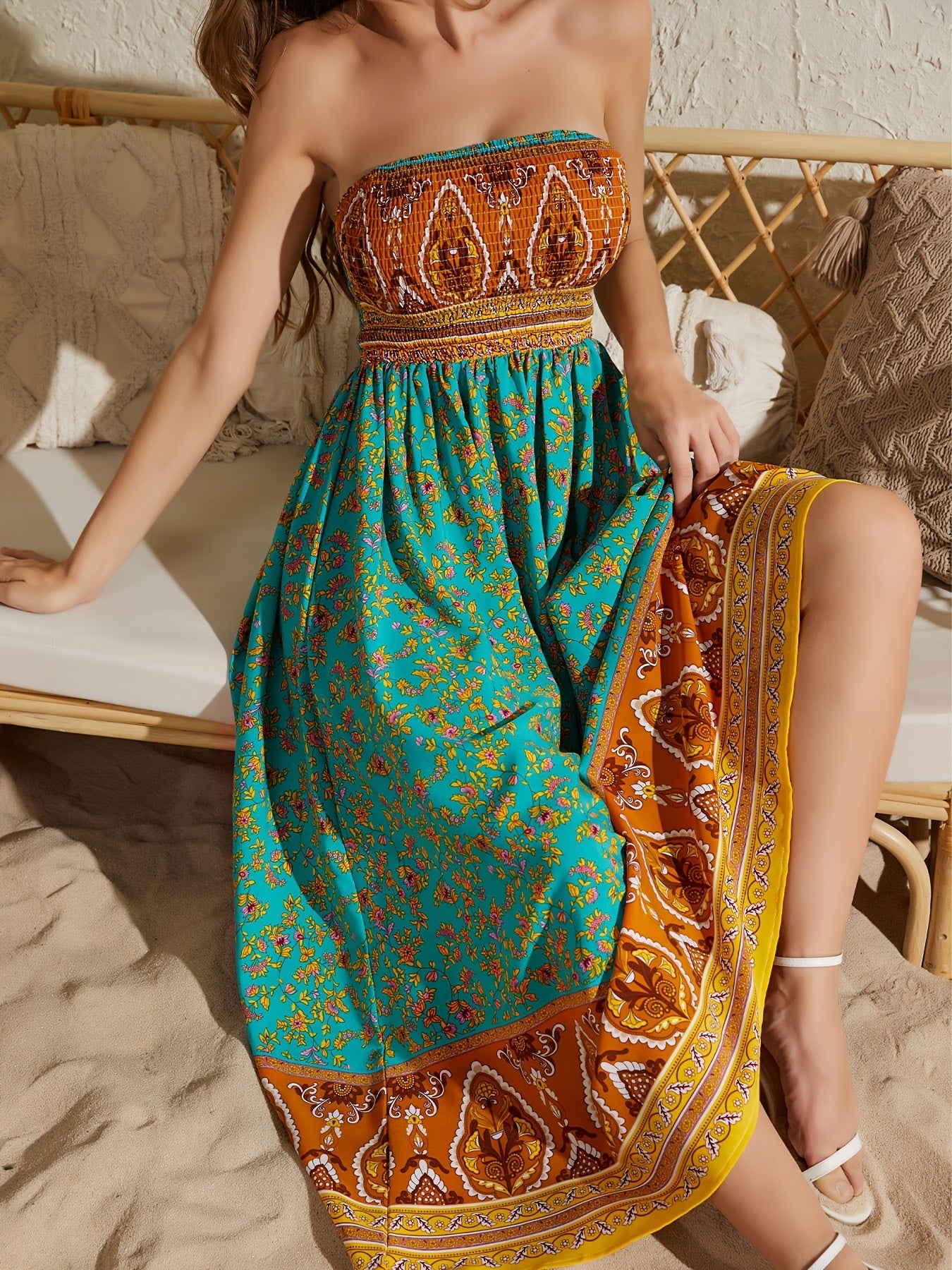 Women's Sexy Strapless Printed Dress - Elegant Off-Shoulder Maxi Vacation Dress