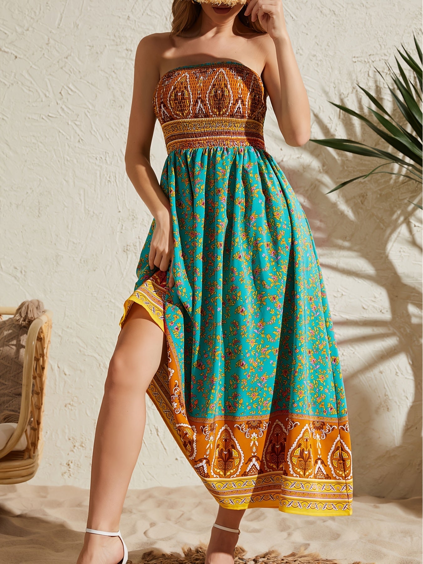 Women's Sexy Strapless Printed Dress - Elegant Off-Shoulder Maxi Vacation Dress