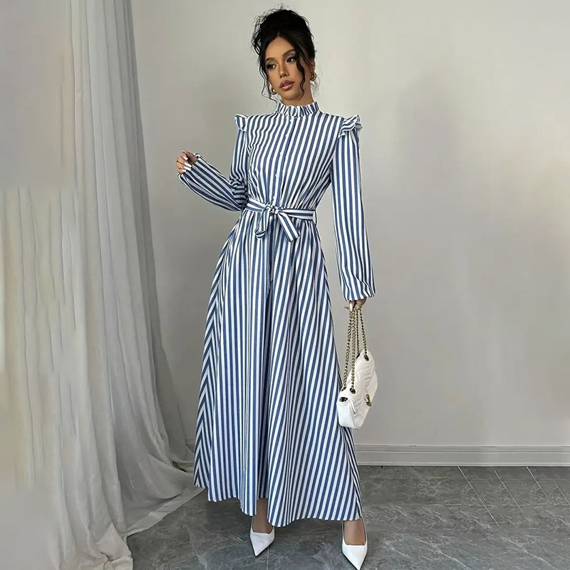 Women's Floral Print Long Sleeve Maxi Dress - Stand Collar A-Line Dress With Waist Detail, Lantern Sleeves & Ruffle Hem For Spring&Fall