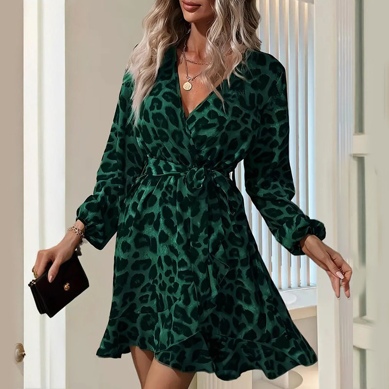 Women's Leopard Print Ruffle Hem Long Sleeve V Neck Belted A Line Dress