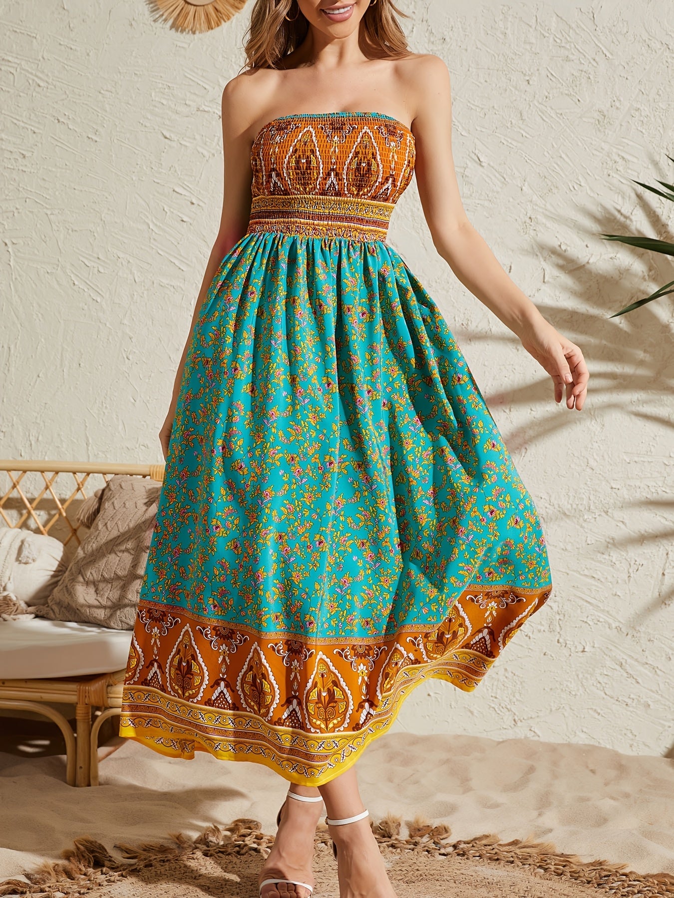 Women's Sexy Strapless Printed Dress - Elegant Off-Shoulder Maxi Vacation Dress