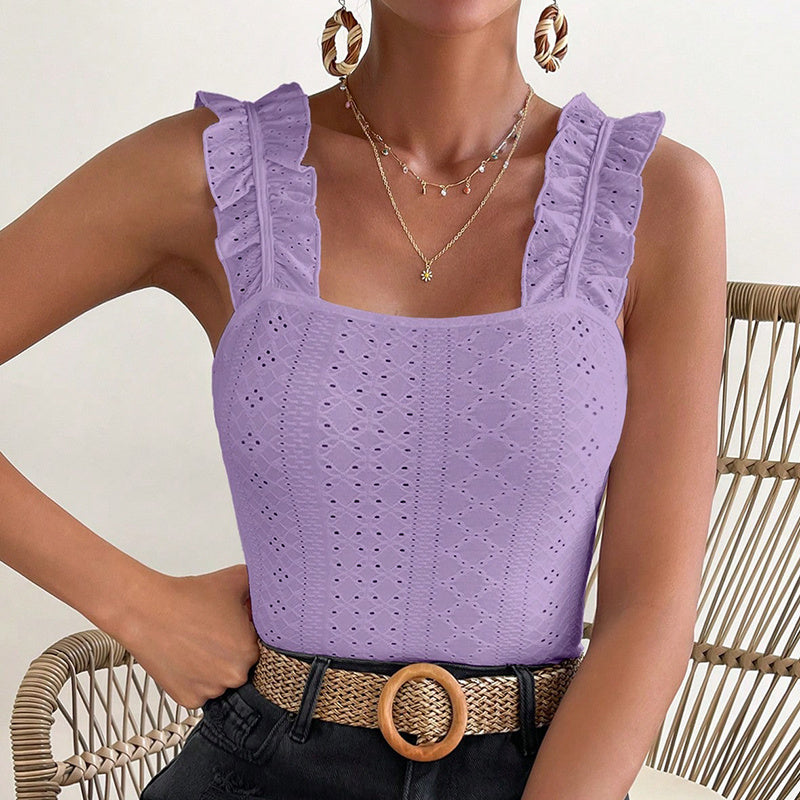 Womens Sleeveless Tank Tops Ruffle Strap Square Neck Eyelet Blouse Slim Fit