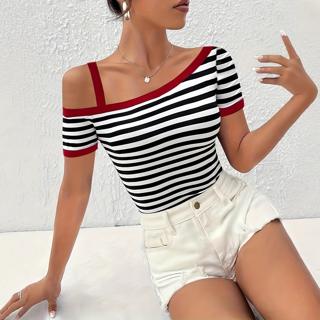 Women's Summer New Contrasting Color Slanted Shoulder Short Sleeved Striped Top