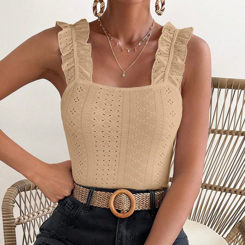 Womens Sleeveless Tank Tops Ruffle Strap Square Neck Eyelet Blouse Slim Fit
