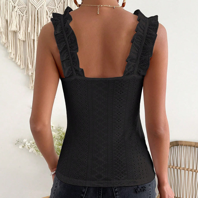 Womens Sleeveless Tank Tops Ruffle Strap Square Neck Eyelet Blouse Slim Fit