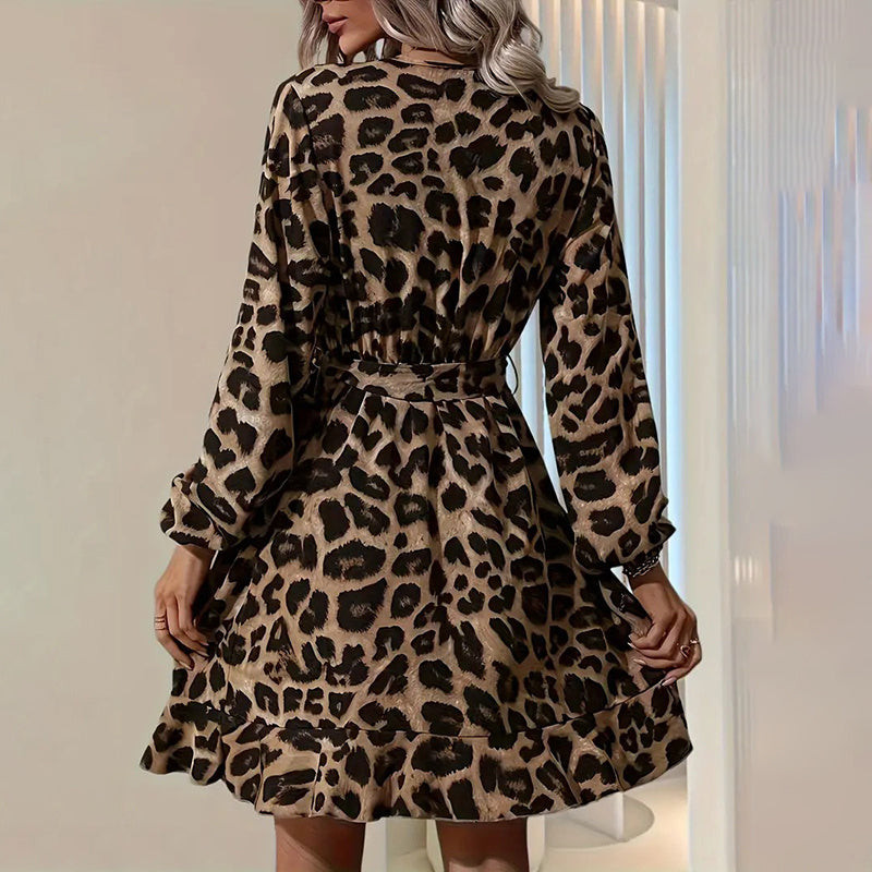 Women's Leopard Print Ruffle Hem Long Sleeve V Neck Belted A Line Dress