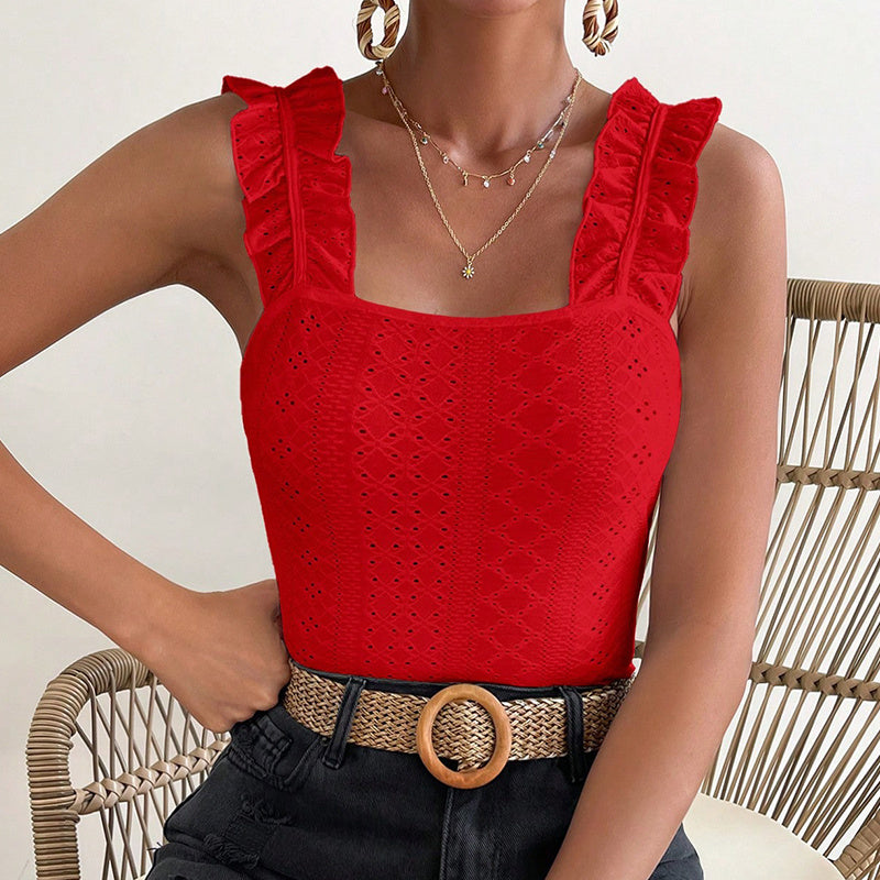 Womens Sleeveless Tank Tops Ruffle Strap Square Neck Eyelet Blouse Slim Fit
