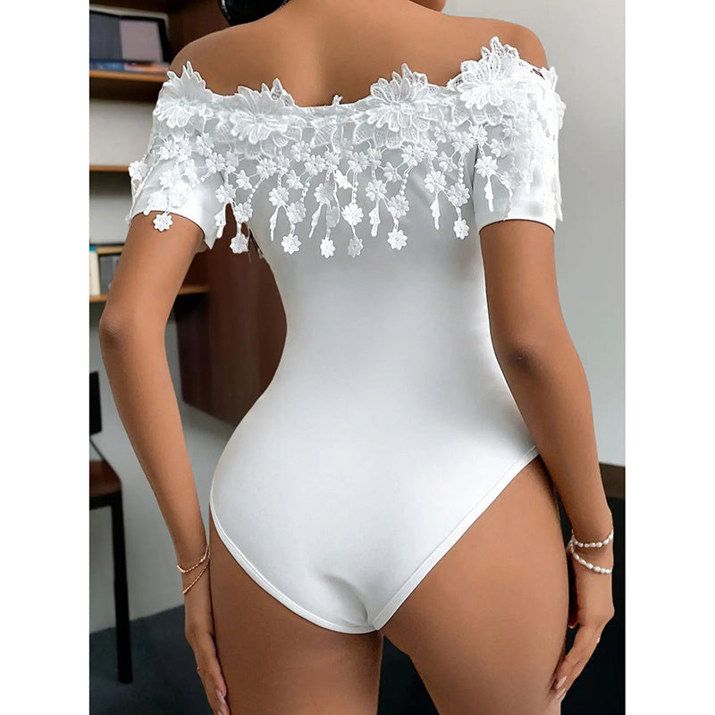 Women's Off Shoulder Short Sleeve Bodysuit Sexy Lace Bodycon Top