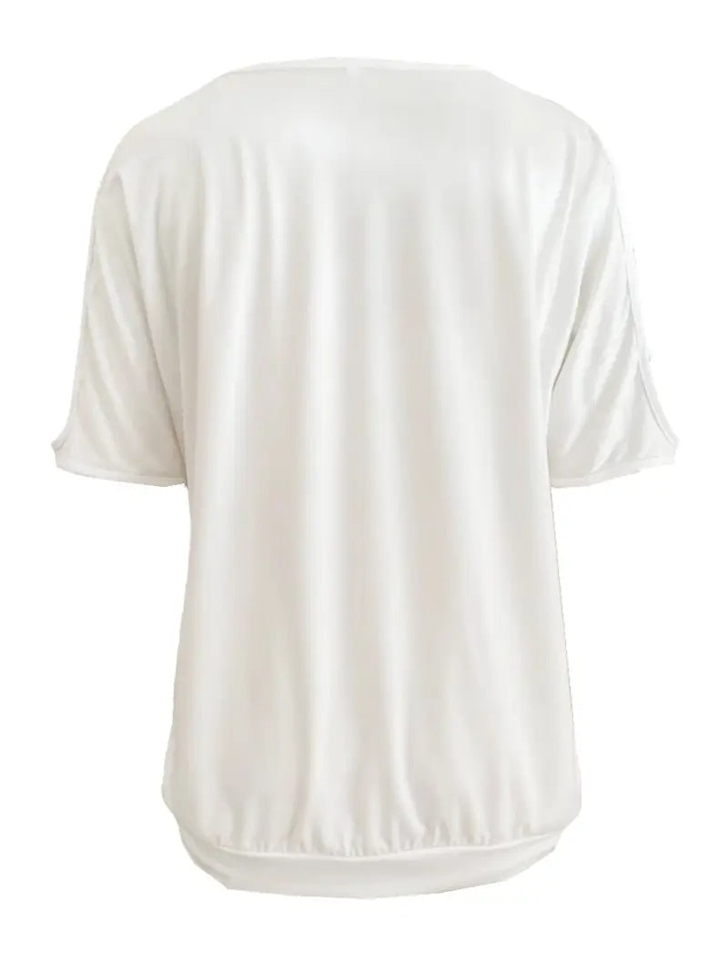 Spring And Summer New Solid Color Round Neck T-shirt Casual Hollow Out Shoulder White Short Sleeve Top