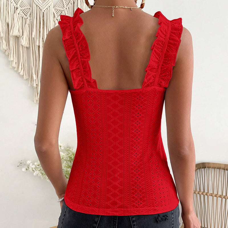 Womens Sleeveless Tank Tops Ruffle Strap Square Neck Eyelet Blouse Slim Fit