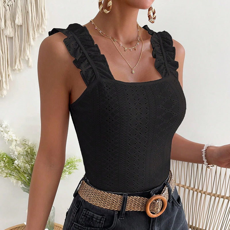 Womens Sleeveless Tank Tops Ruffle Strap Square Neck Eyelet Blouse Slim Fit