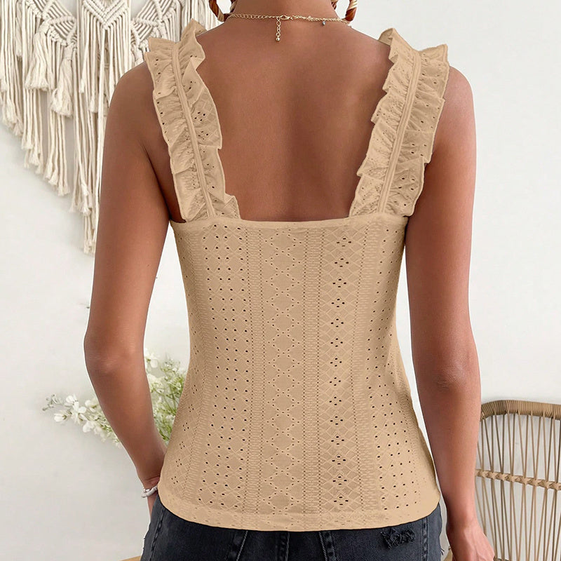 Womens Sleeveless Tank Tops Ruffle Strap Square Neck Eyelet Blouse Slim Fit