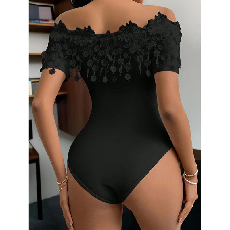 Women's Off Shoulder Short Sleeve Bodysuit Sexy Lace Bodycon Top