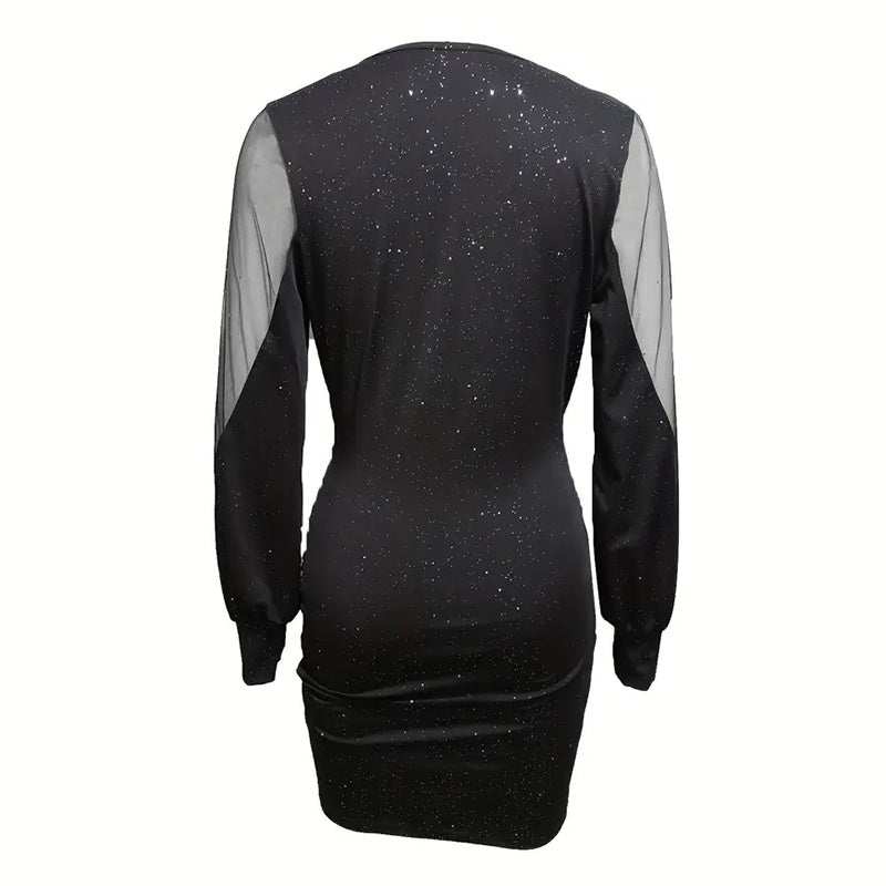 Women's Sexy Deep V-Neck Ruched Bodycon Mesh Long Sleeve Sparkling Party Cocktail Dresses