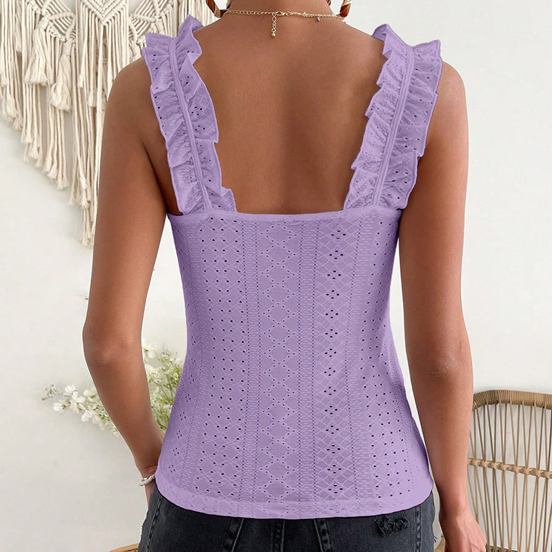 Womens Sleeveless Tank Tops Ruffle Strap Square Neck Eyelet Blouse Slim Fit