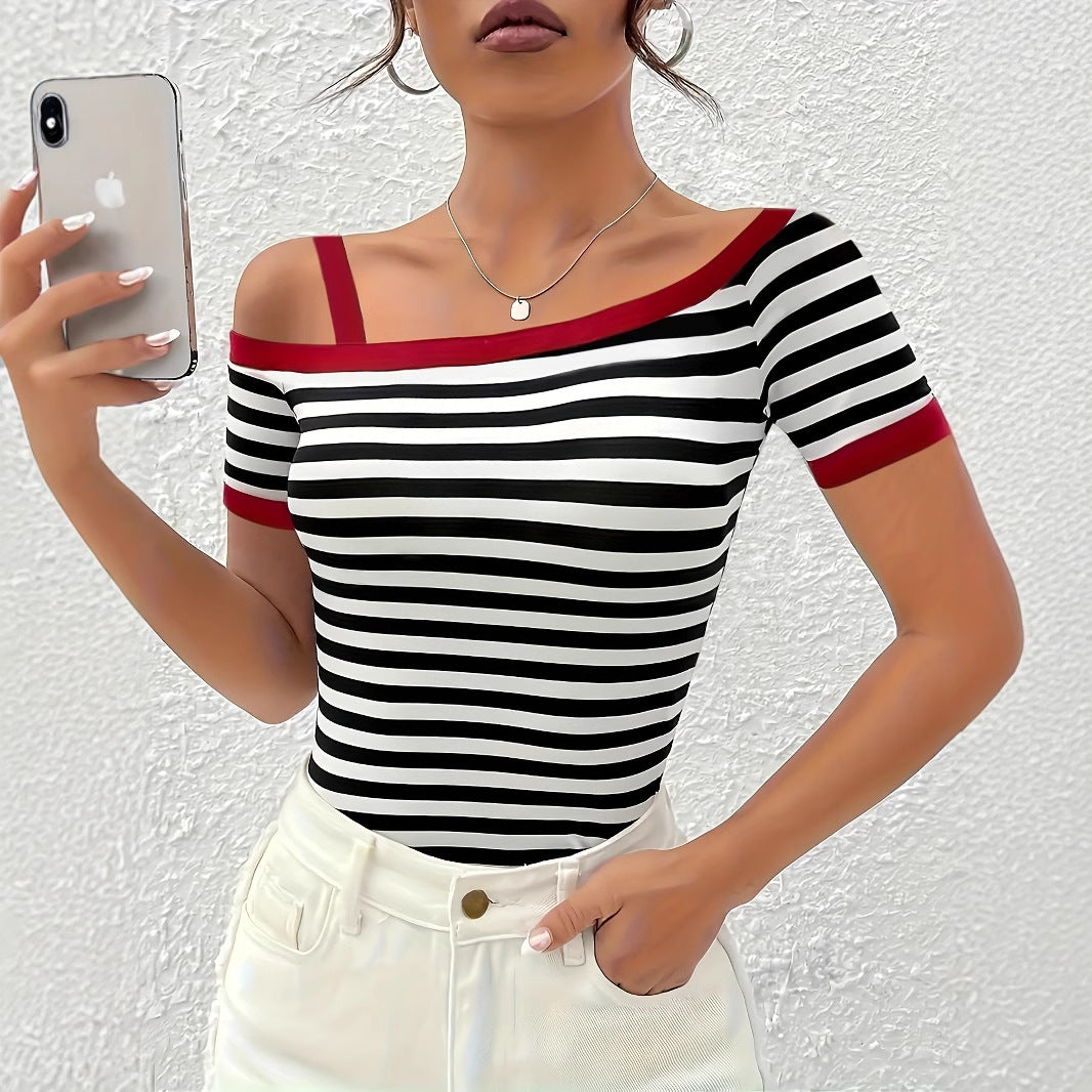 Women's Summer New Contrasting Color Slanted Shoulder Short Sleeved Striped Top